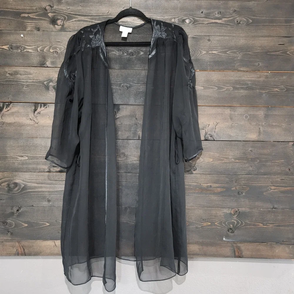 Vintage Victorias Secret Gold Label Sheer Black Robe Floral Applique Large L